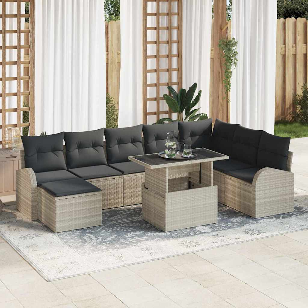 Havesofa Sæt 9 pcs Lysegrå Polyrattan og pulverlakeret stål