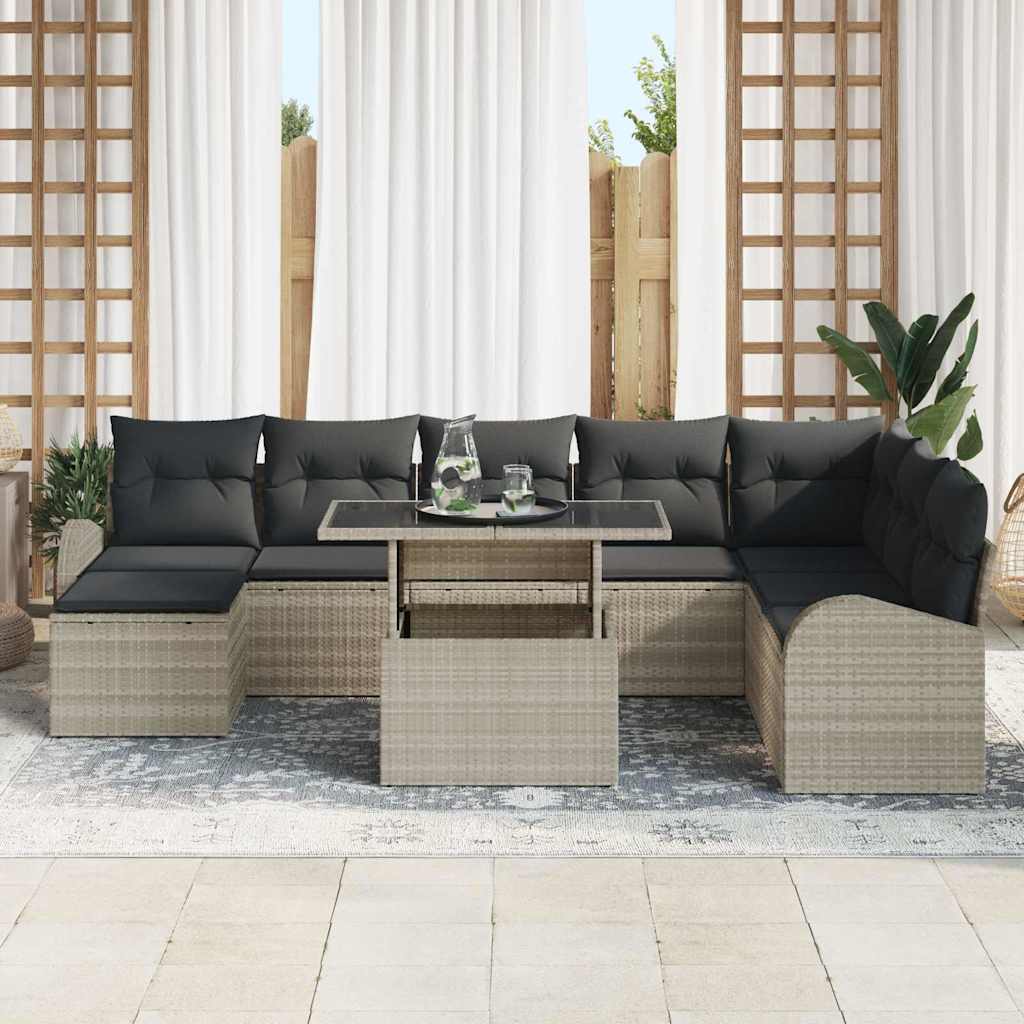 Havesofa Sæt 9 pcs Lysegrå Polyrattan og pulverlakeret stål