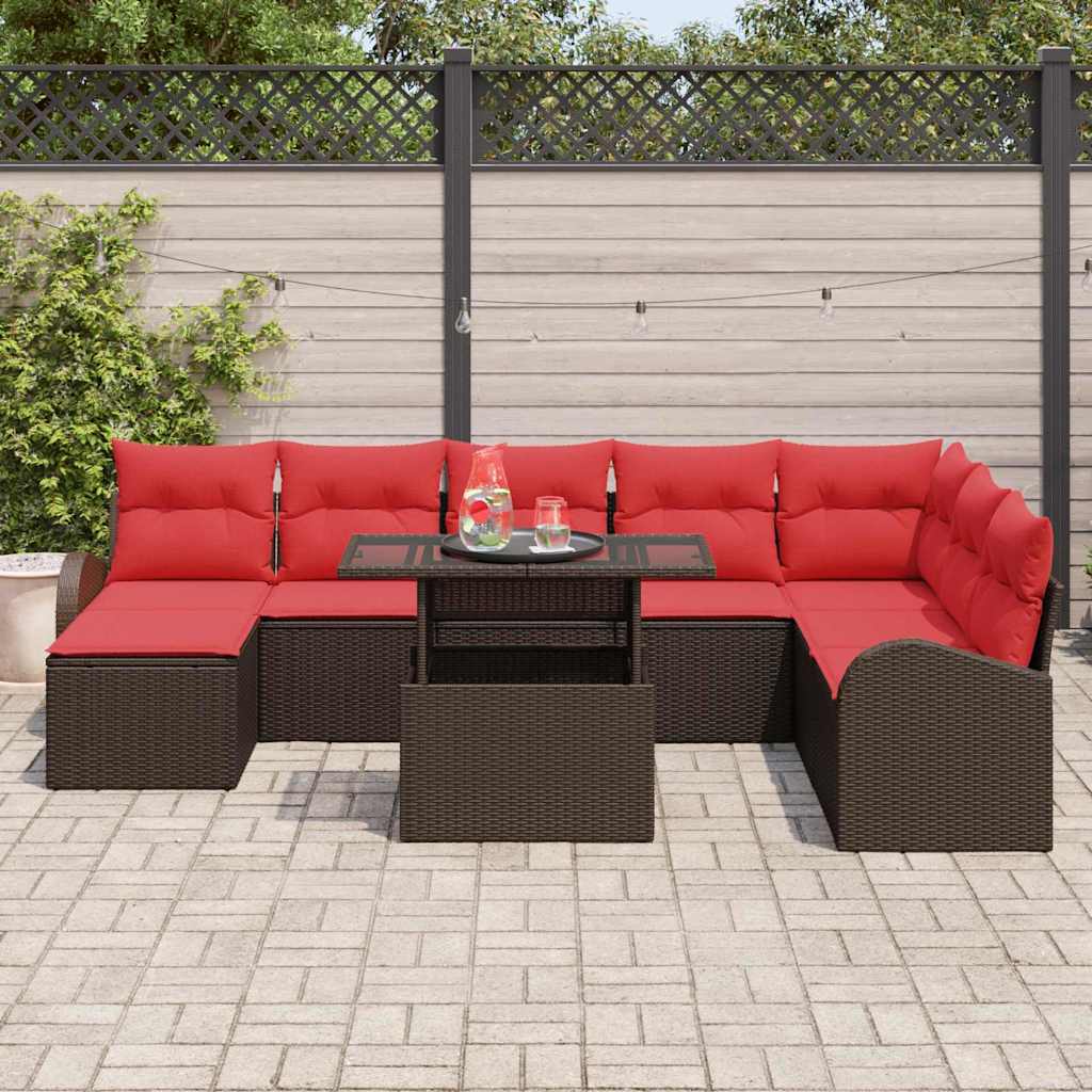 Havesofa Sæt 9 stk. Brun og Rød polyrattan