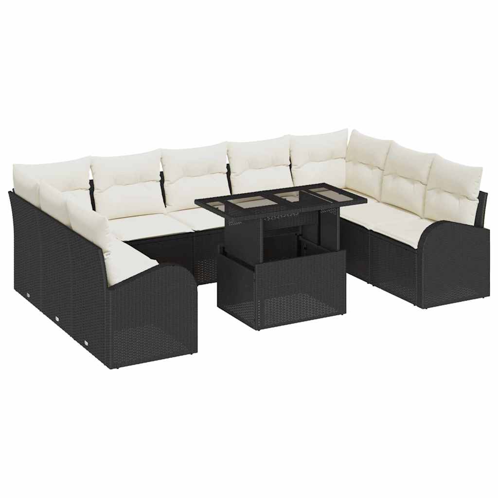 Havesofa Sæt med opbevaring 10 pcs Sort og Cream polyrattan