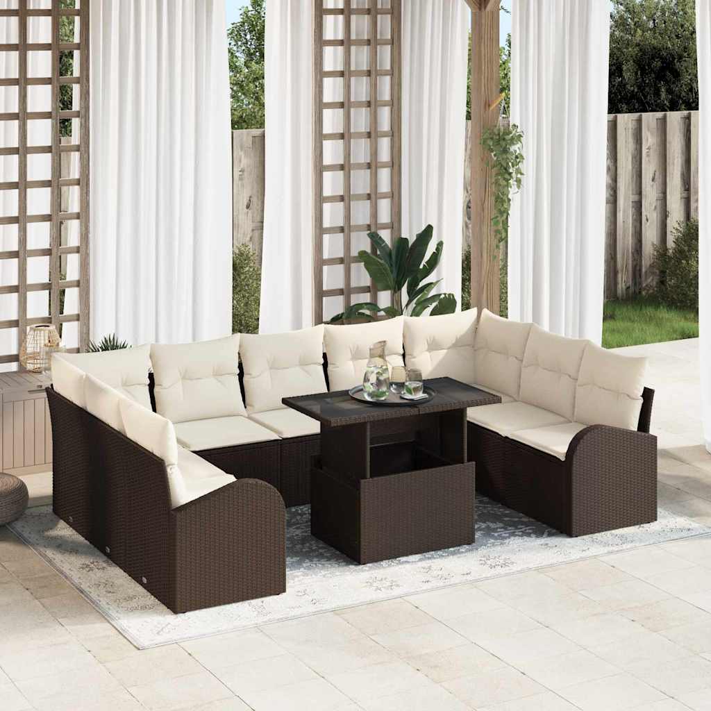 Havesofa Sæt med opbevaring 10 pcs Brun og Creme polyrattan