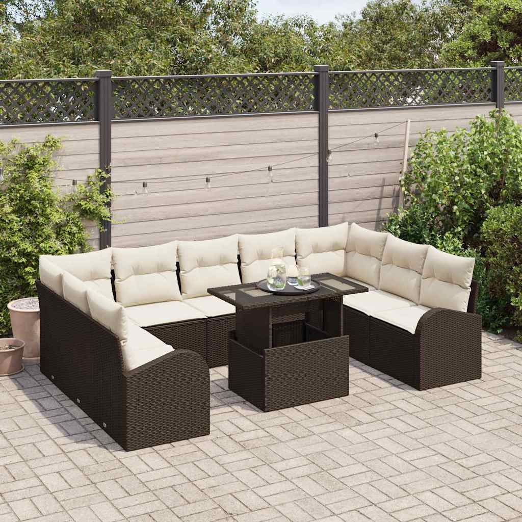 Havesofa Sæt med opbevaring 10 pcs Brun og Creme polyrattan