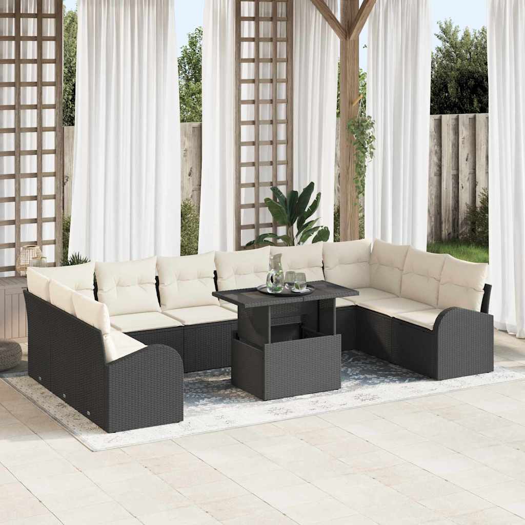 Havesofa Sæt med pude 11 pcs Sort og cremefarvet polyrattan