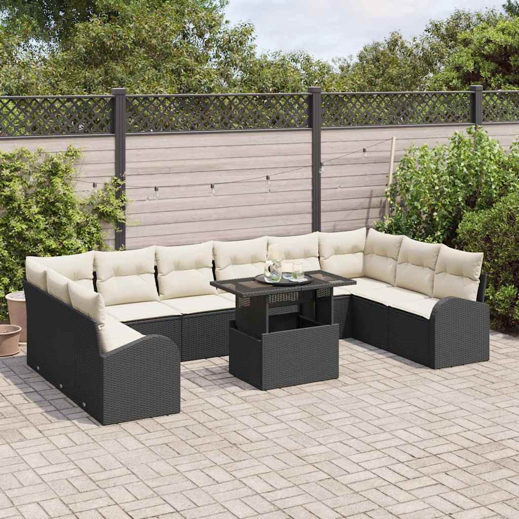 Havesofa Sæt med pude 11 pcs Sort og cremefarvet polyrattan