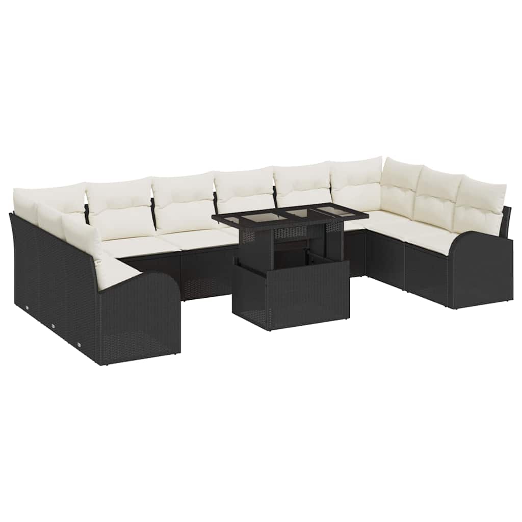 Havesofa Sæt med pude 11 pcs Sort og cremefarvet polyrattan