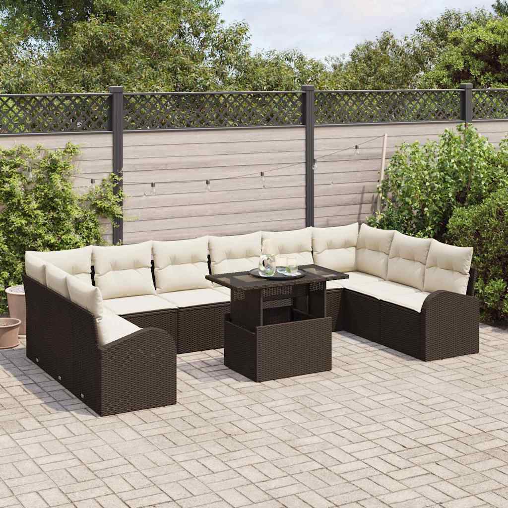 Havesofa Sæt med opbevaring 11 pcs Brun og Creme polyrattan