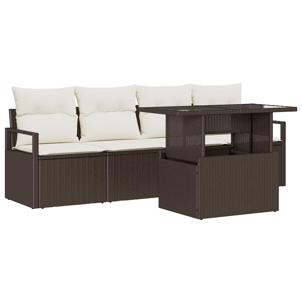 Havesofa Sæt med opbevaring med pude 5 pcs Brun polyrattan