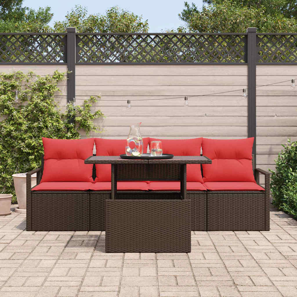 Havesofa Sæt med opbevaring 5 pcs Brun og Rød polyrattan
