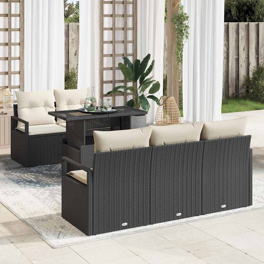 Havesofa Sæt med opbevaring med pude 6 pcs Sort polyrattan