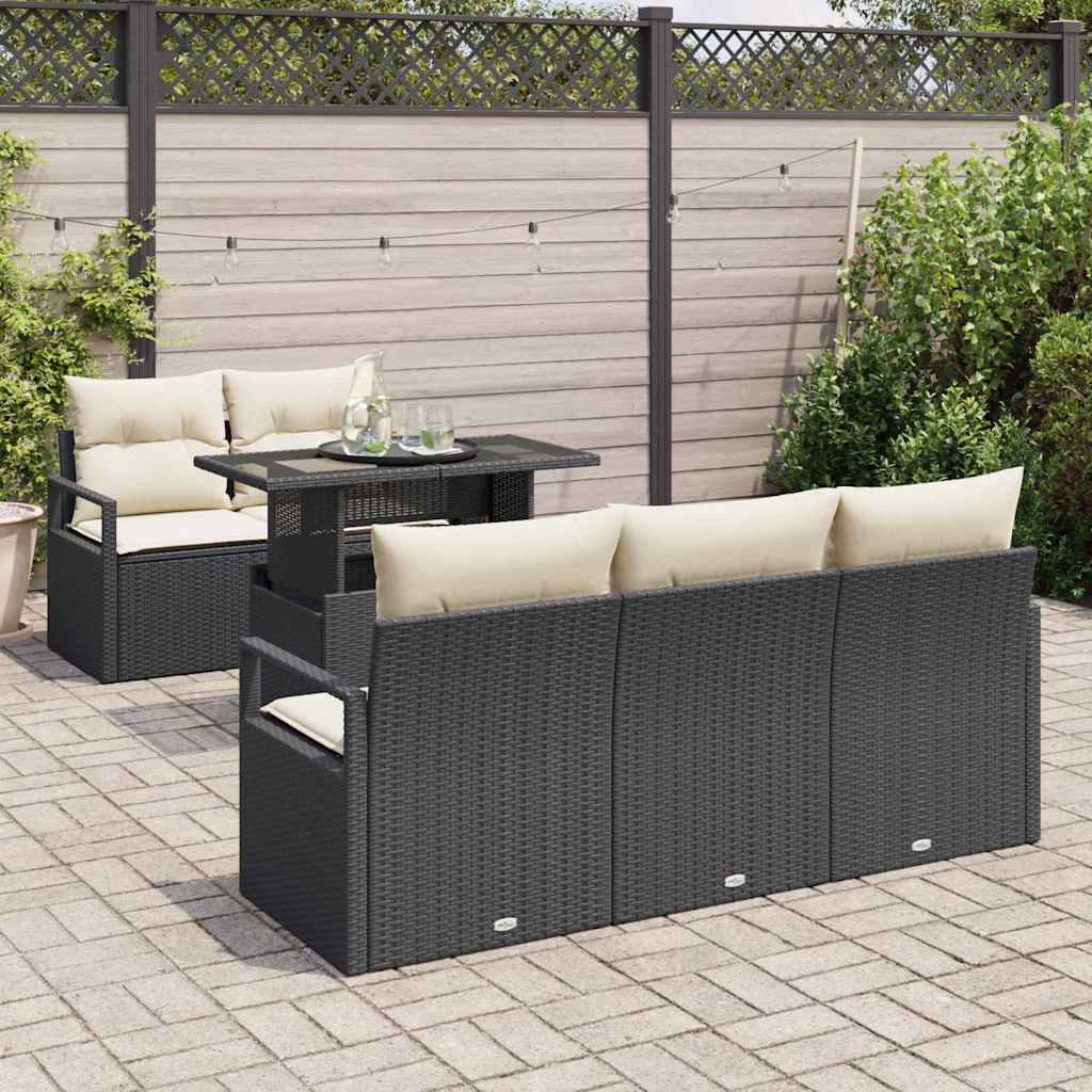 Havesofa Sæt med opbevaring med pude 6 pcs Sort polyrattan
