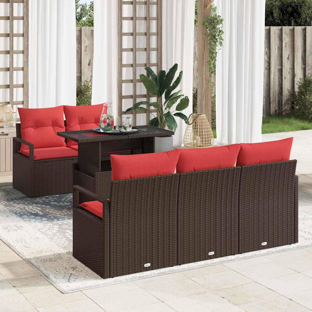Havesofa Sæt med opbevaring 6 pcs Brun og Rød polyrattan