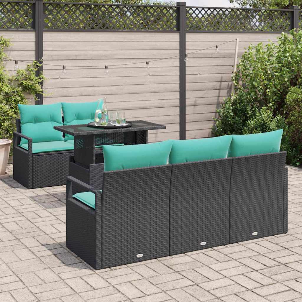 Havesofa Sæt med opbevaring 6 pcs Sort og Blå polyrattan