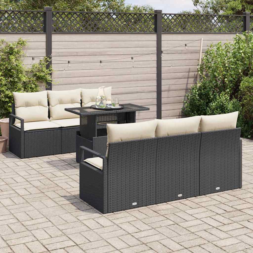 Havesofa Sæt med opbevaring 7 pcs Sort og Cream polyrattan