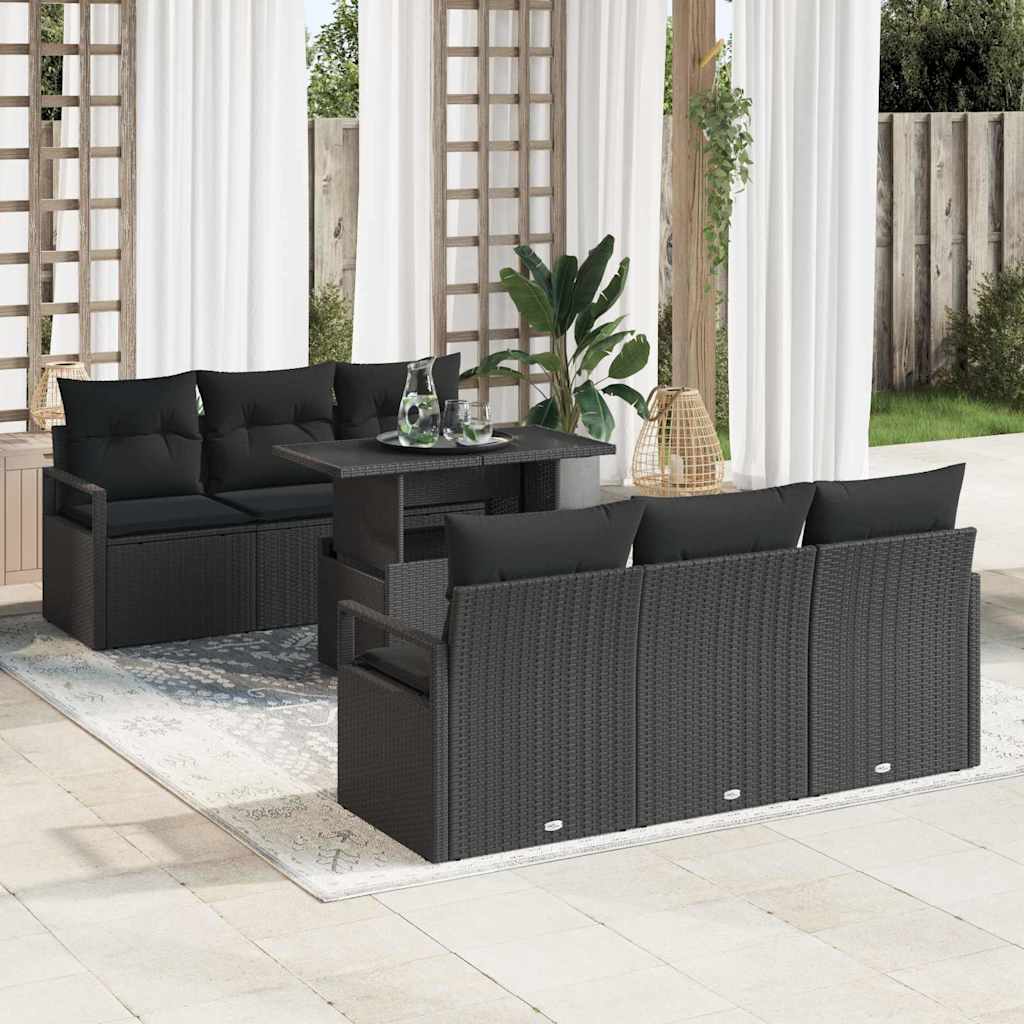 Havesofa Sæt med opbevaring med pude 7 pcs Sort polyrattan