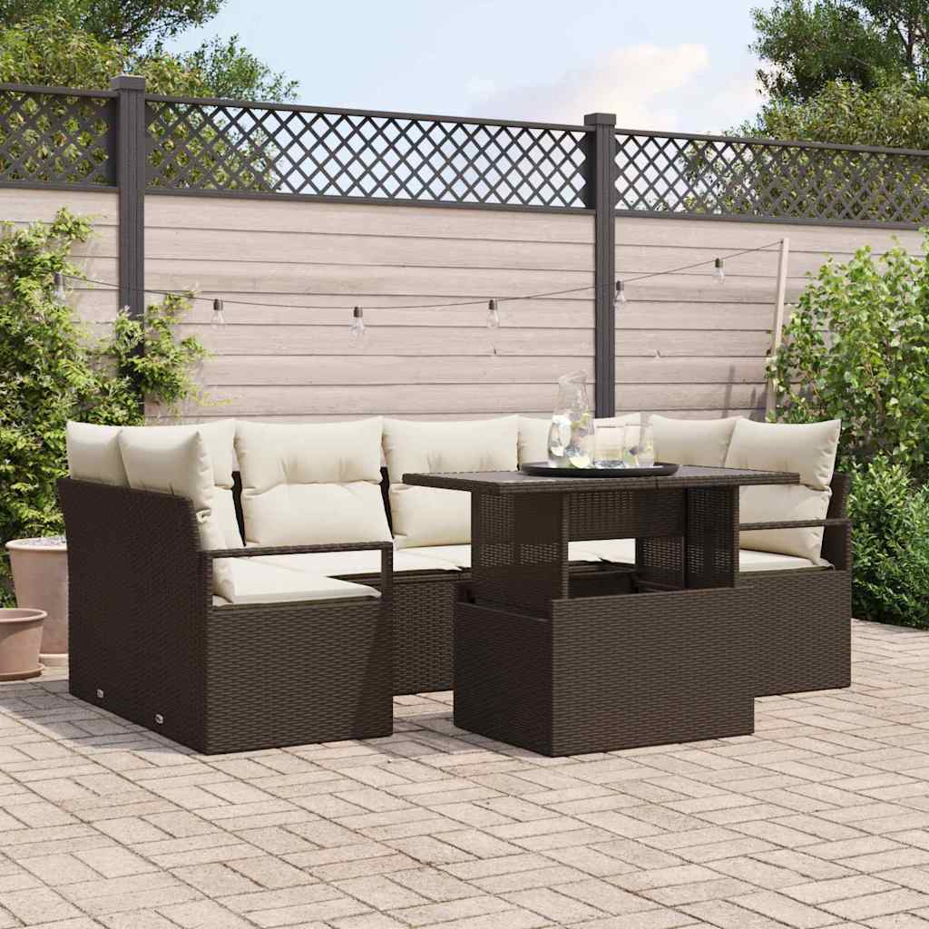Havesofa Sæt med opbevaring med pude 7 pcs Brun polyrattan