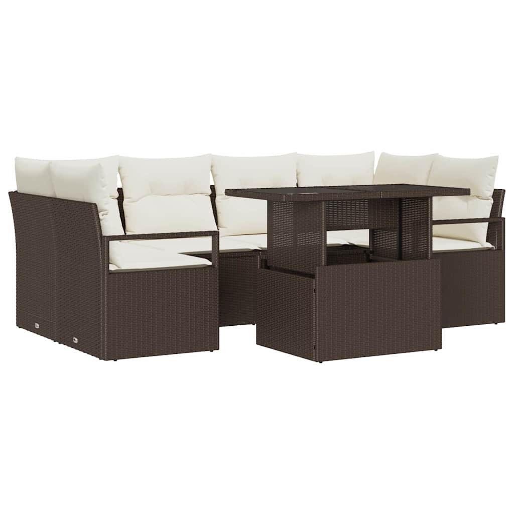 Havesofa Sæt med opbevaring med pude 7 pcs Brun polyrattan