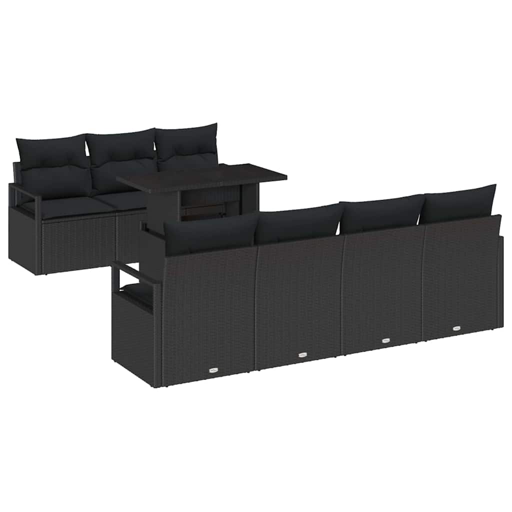 Havesofa Sæt med opbevaring med pude 8 pcs Sort polyrattan