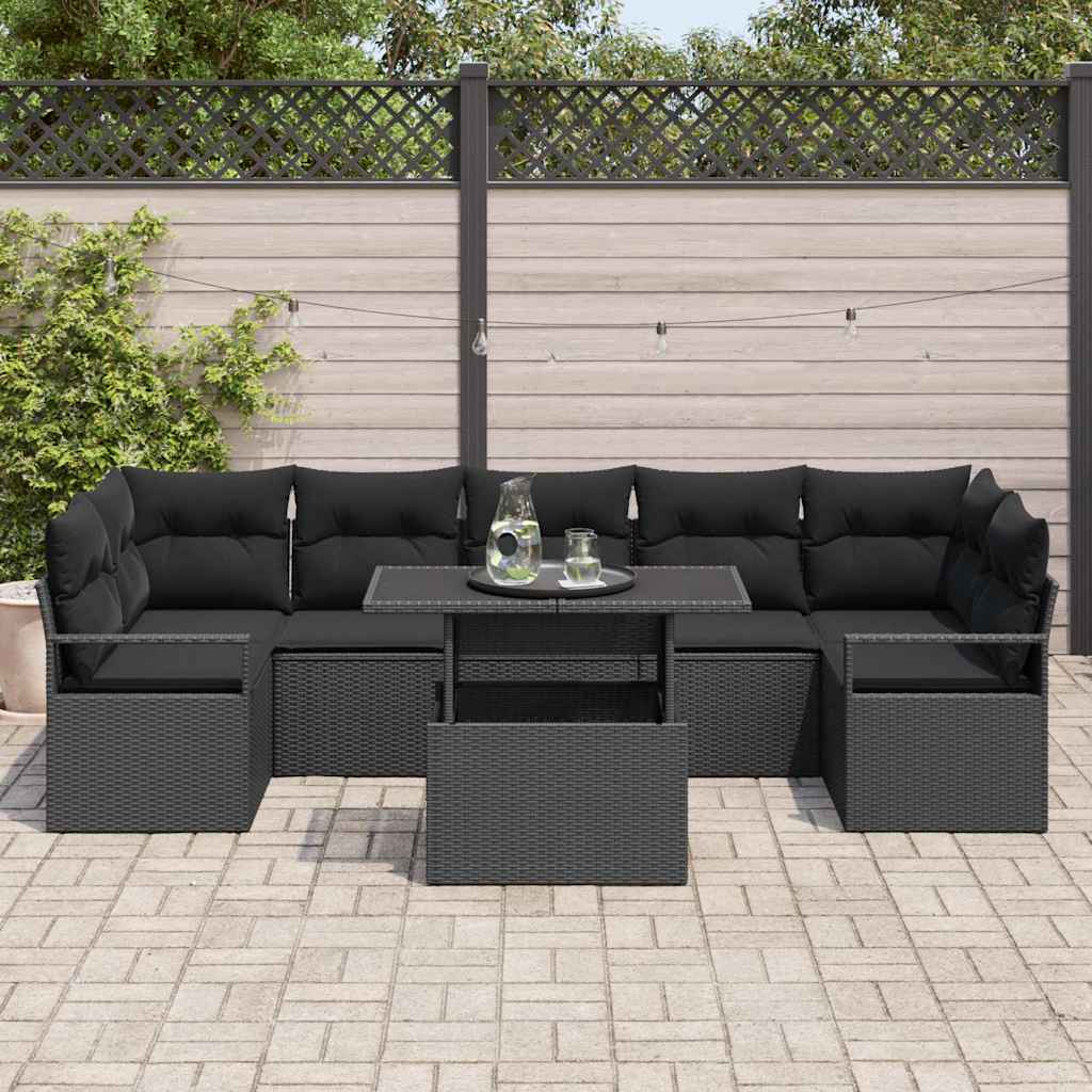 Havesofa Sæt med pude 8 pcs Sort polyrattan