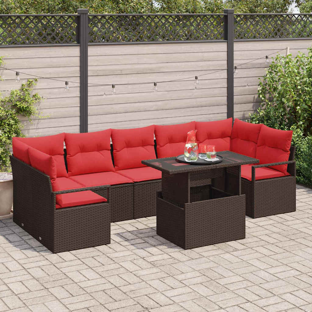 Havesofa Sæt med pude 8 pcs Brun og Rød polyrattan