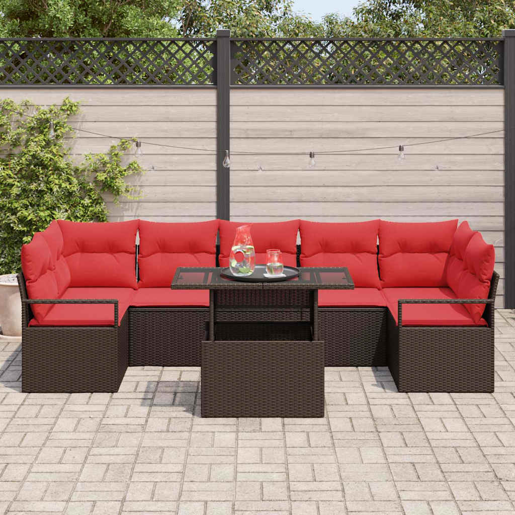 Havesofa Sæt med pude 8 pcs Brun og Rød polyrattan