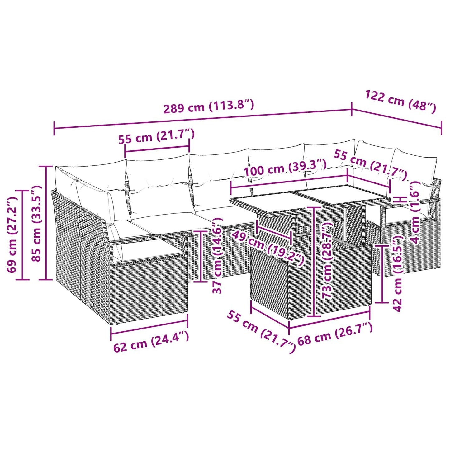 Havesofa Sæt med pude 8 pcs Brun og Rød polyrattan