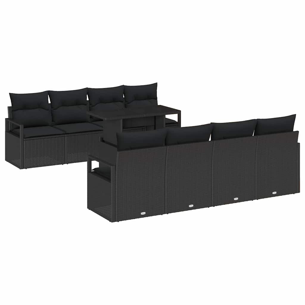 Havesofa Sæt med opbevaring med pude 9 pcs Sort polyrattan