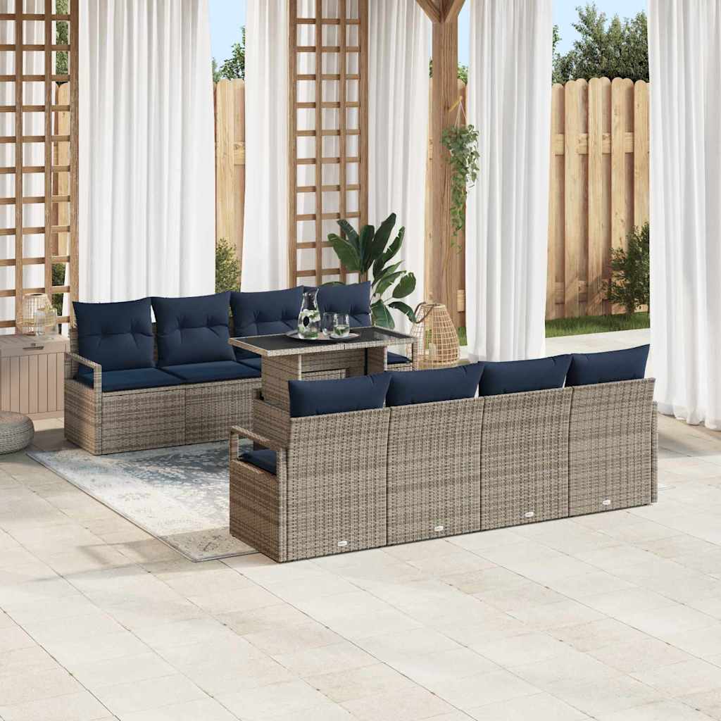 Havesofa Sæt med pude 7 pcs Grå og Marineblå polyrattan
