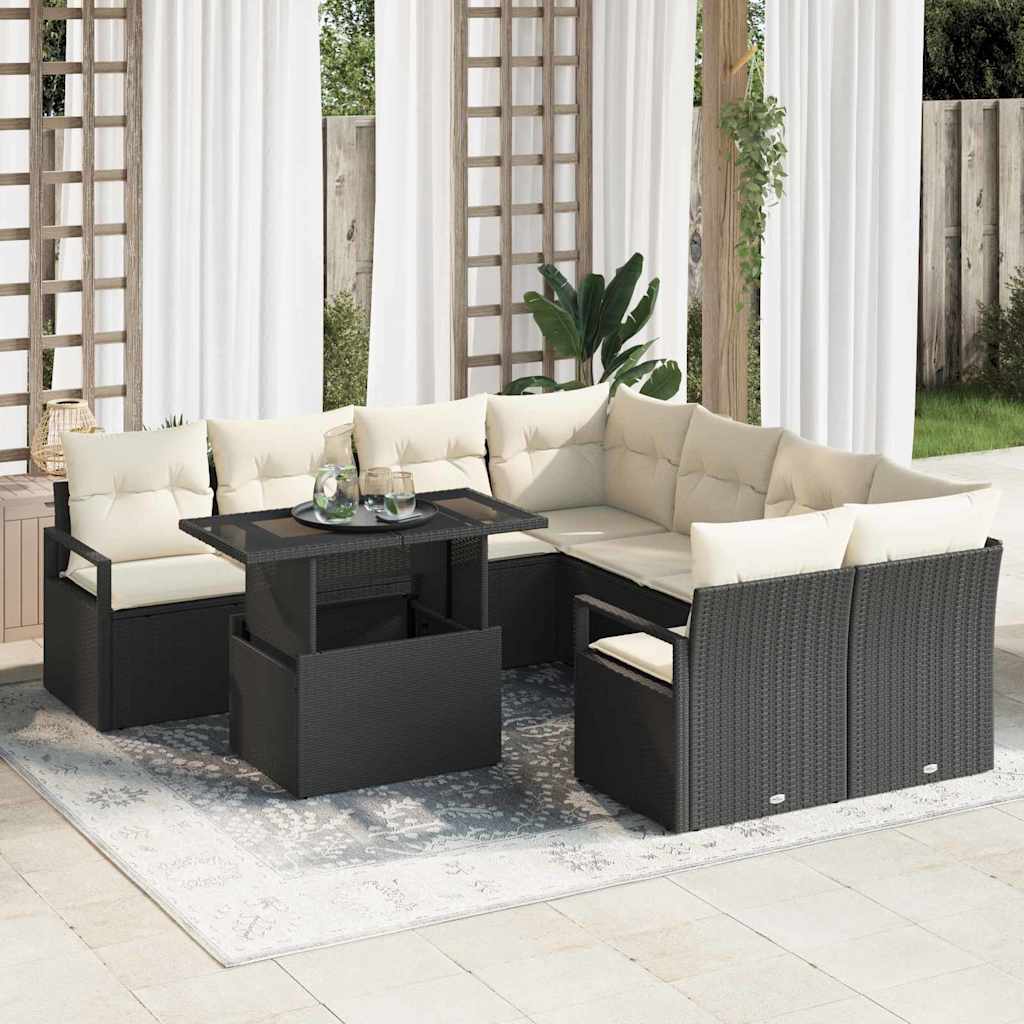 Havesofa Sæt med opbevaring 9 pcs Sort og Cream polyrattan