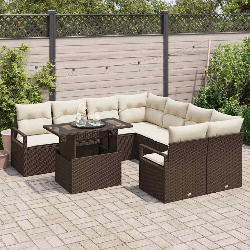 Havesofa Sæt med pude 9 pcs Brun og Creme polyrattan
