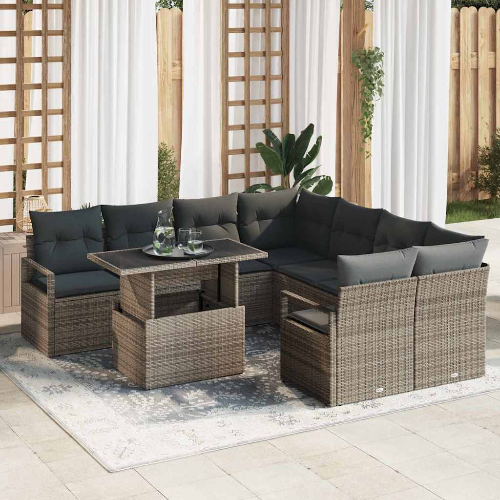 Havesofa Sæt med opbevaring med pude 9 pcs Grå polyrattan
