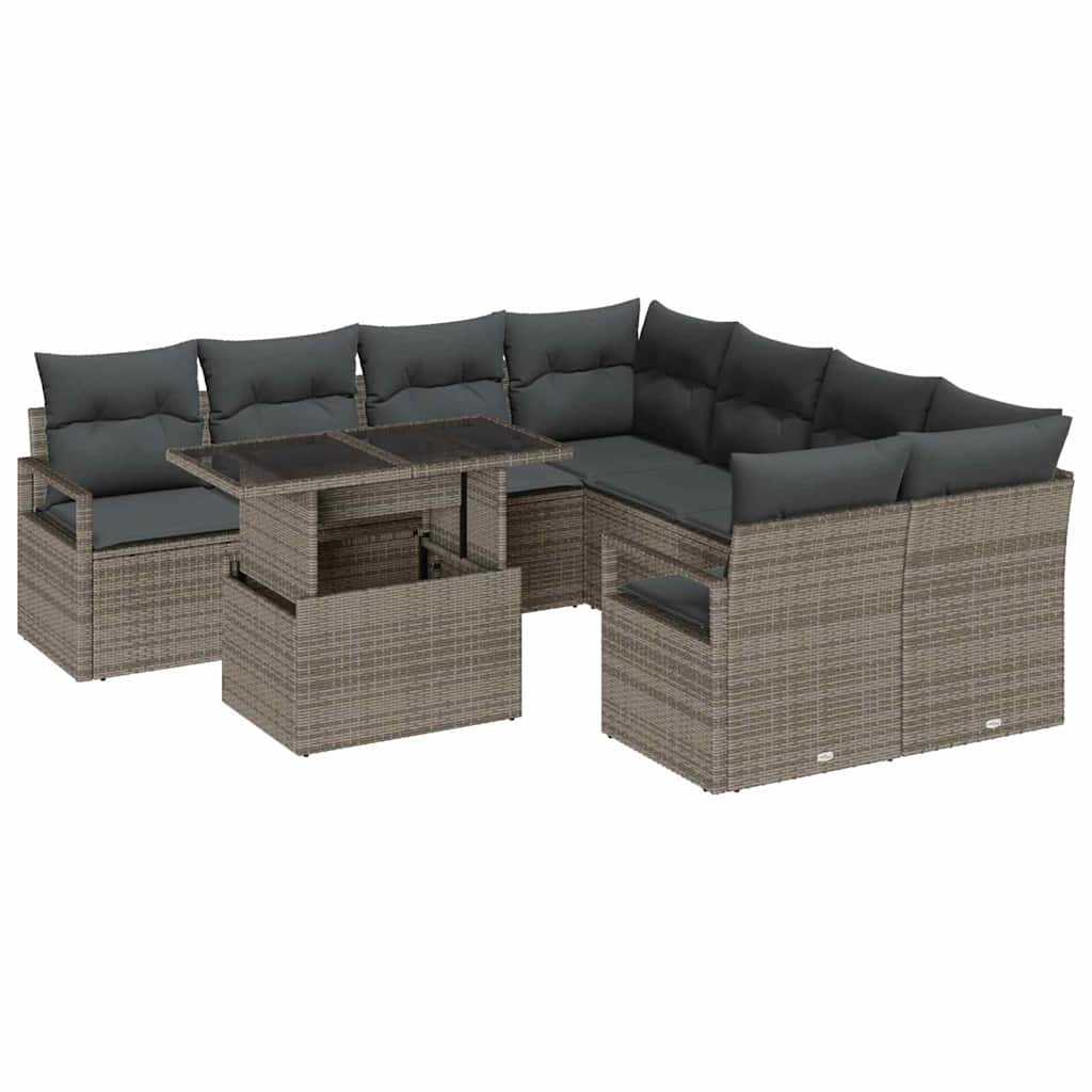Havesofa Sæt med opbevaring med pude 9 pcs Grå polyrattan