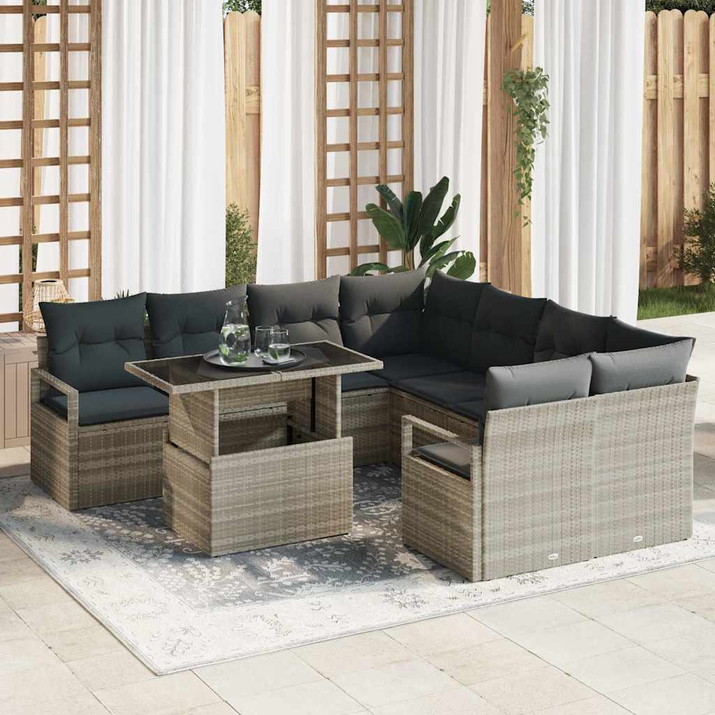 Havesofa Sæt med pude 9 pcs Lysegrå polyrattan