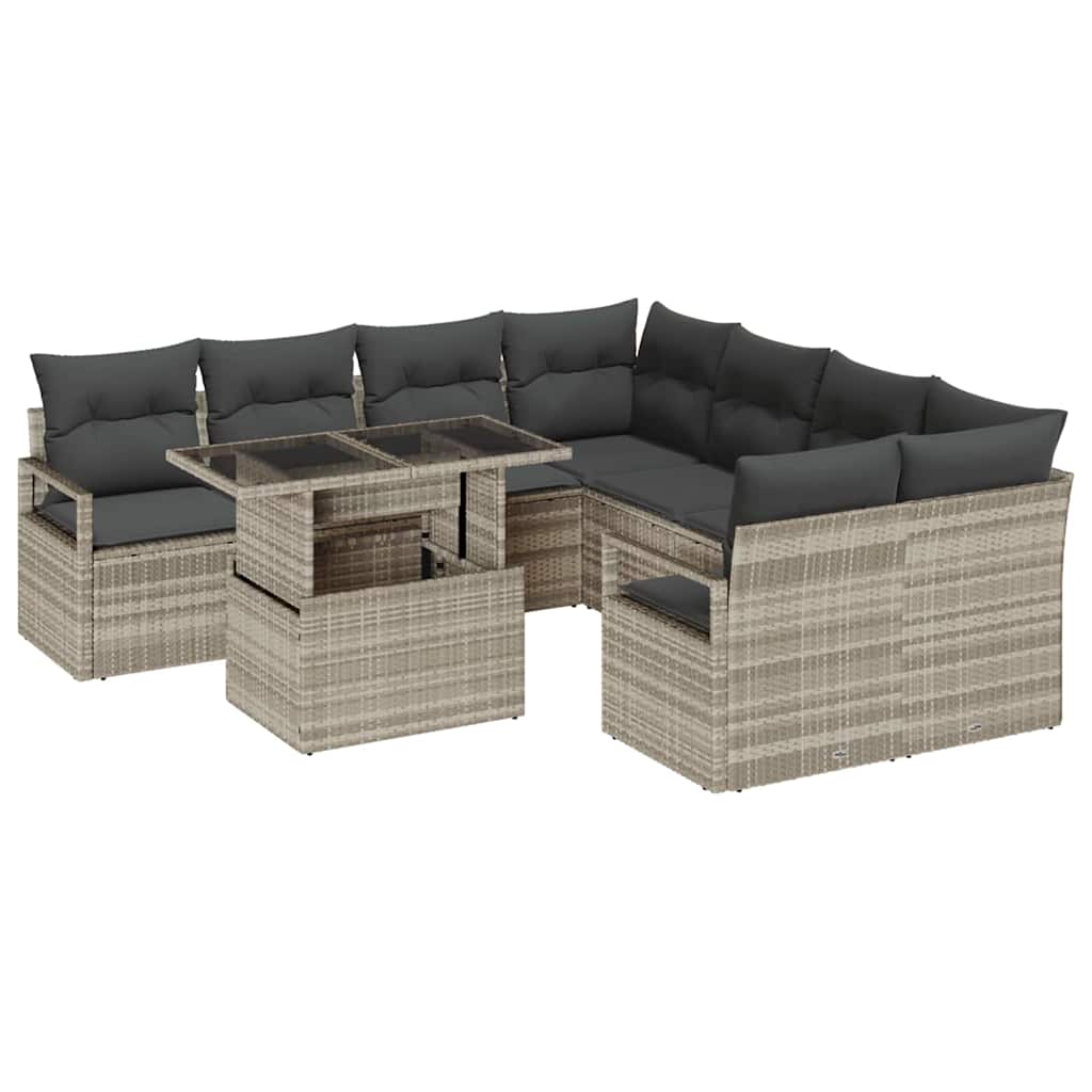 Havesofa Sæt med pude 9 pcs Lysegrå polyrattan