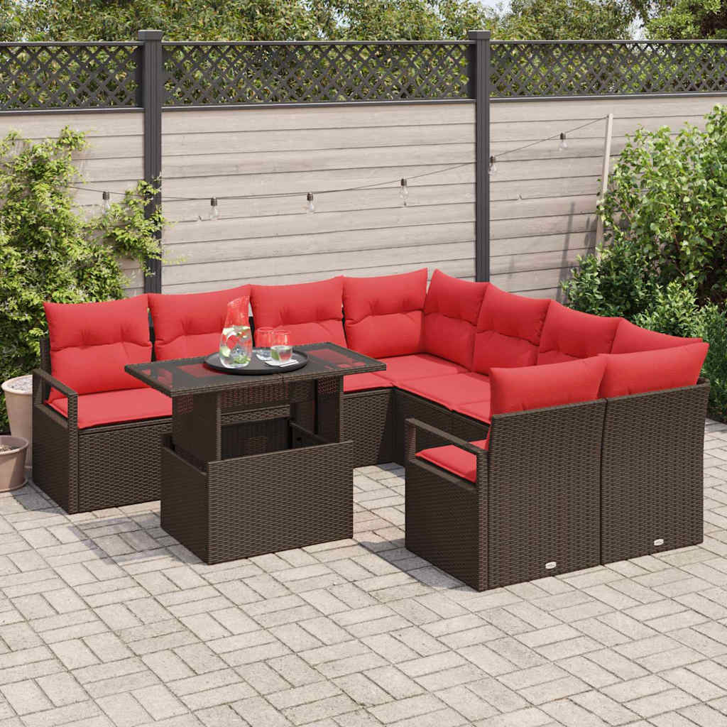 Havesofa Sæt med opbevaring 9 pcs Brun og Rød polyrattan