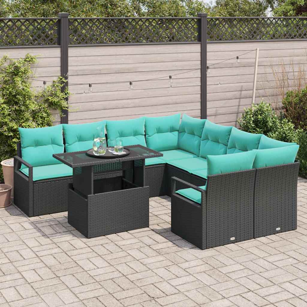 Havesofa Sæt med opbevaring 9 pcs Sort og Blå polyrattan