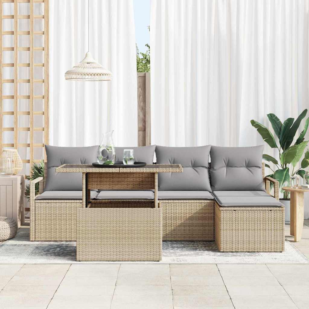 Havesofa Sæt med pude 6 pcs beige og lysegrå polyrattan