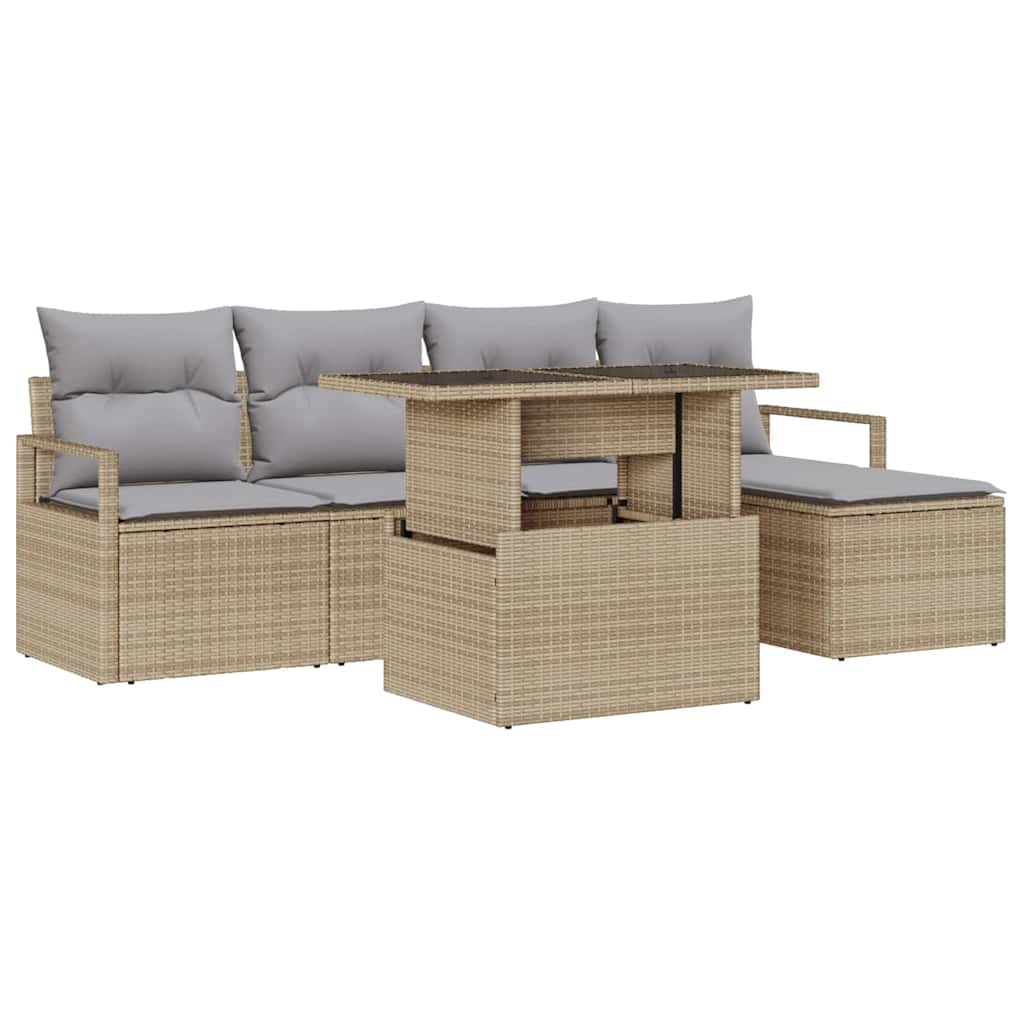 Havesofa Sæt med pude 6 pcs beige og lysegrå polyrattan