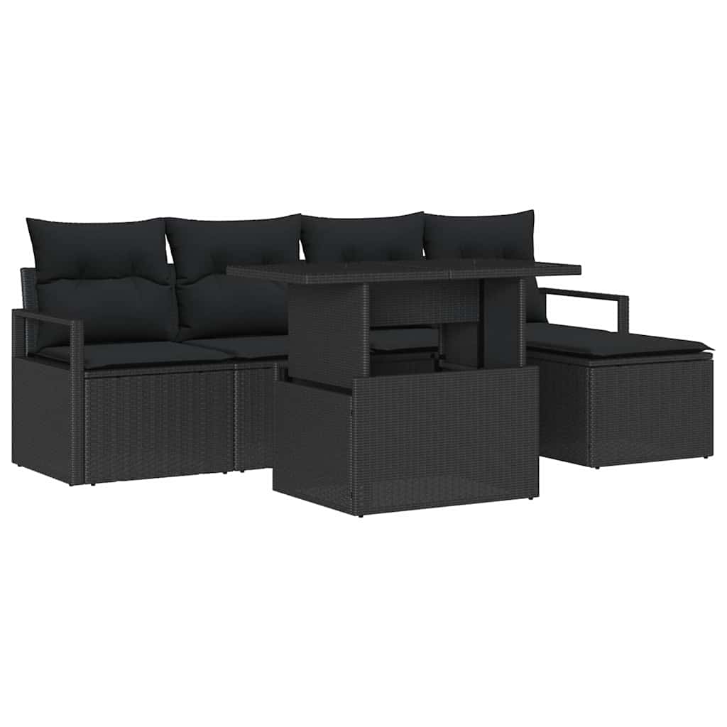 Havesofa Sæt med pude 6 pcs Sort polyrattan