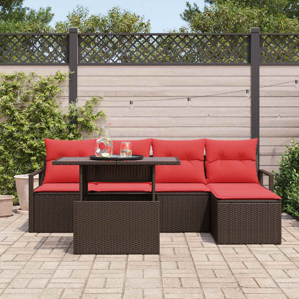 Havesofa Sæt med opbevaring 6 pcs Brun og Rød polyrattan