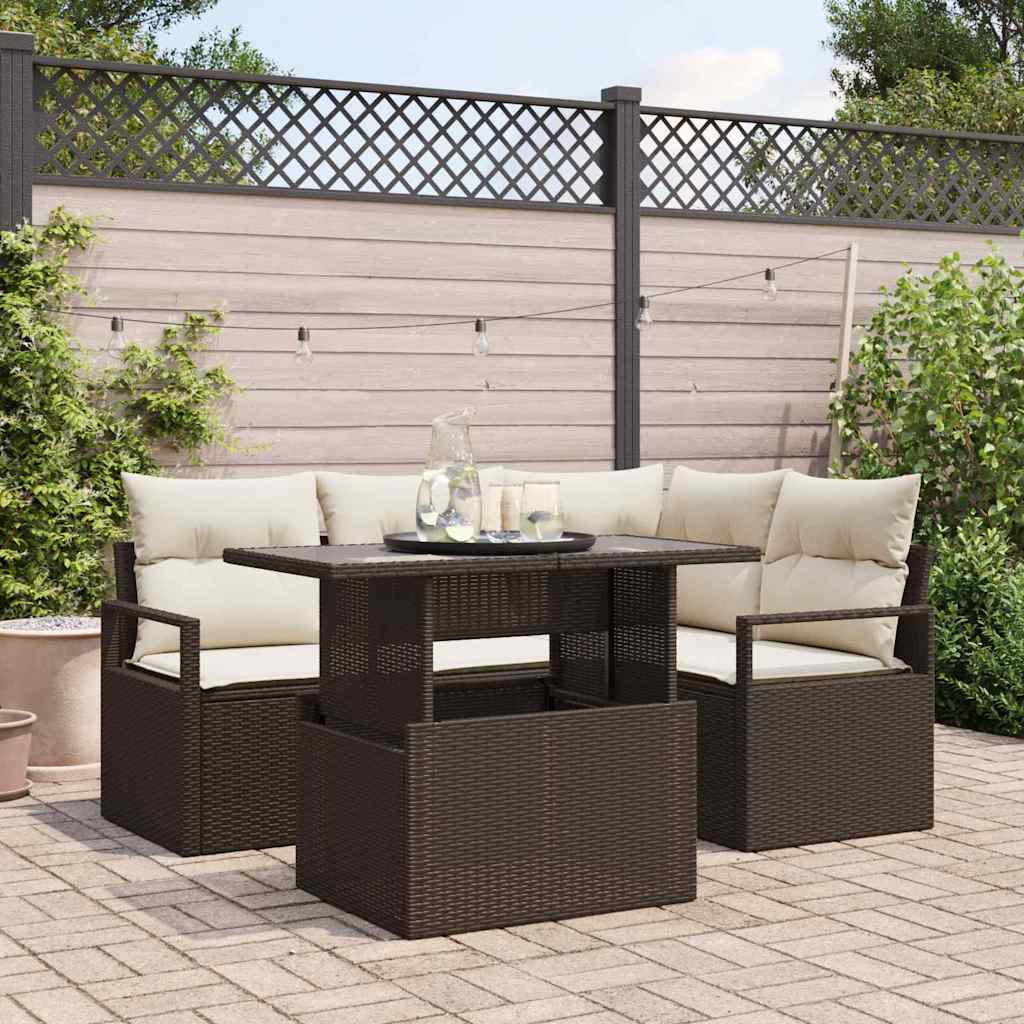 Havesofa Sæt med pude 5 pcs Brun og Creme polyrattan