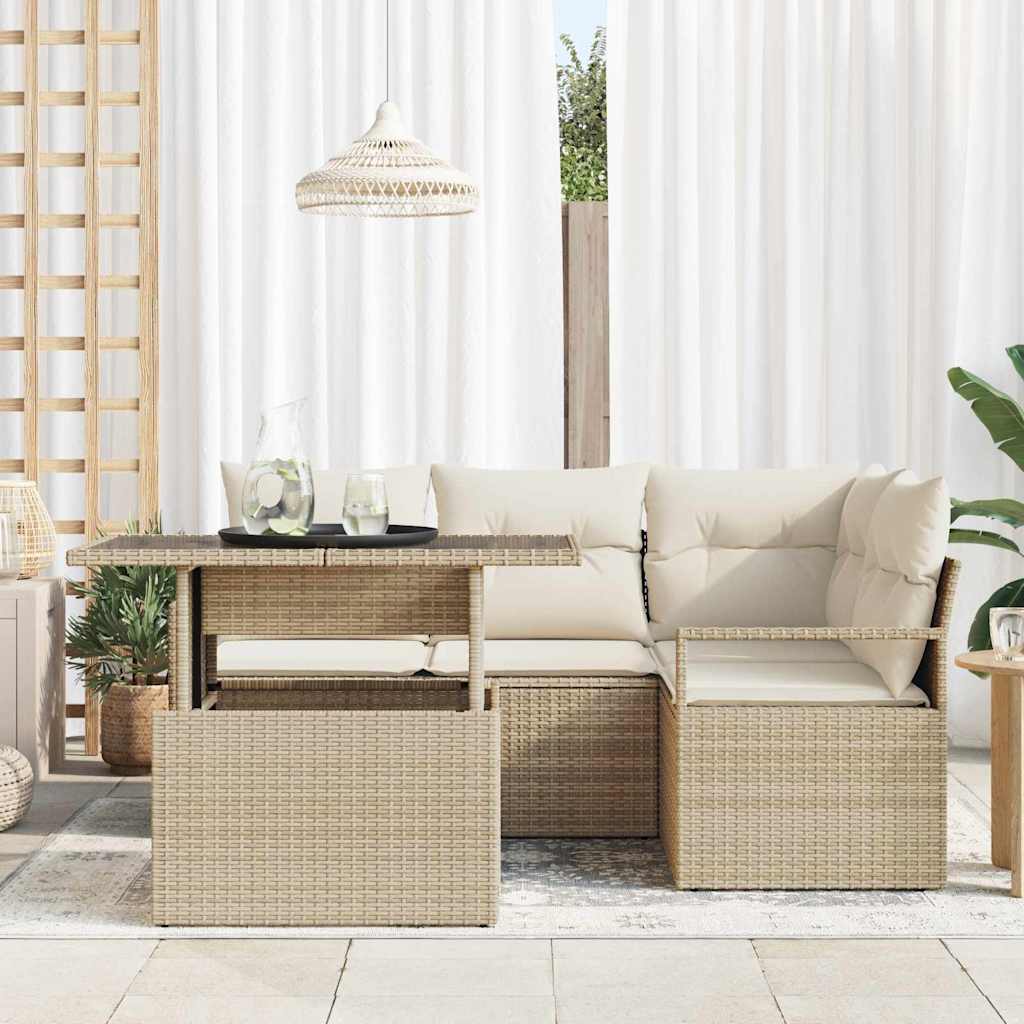 Havesofa Sæt med pude 5 pcs beige og cremefarvet polyrattan