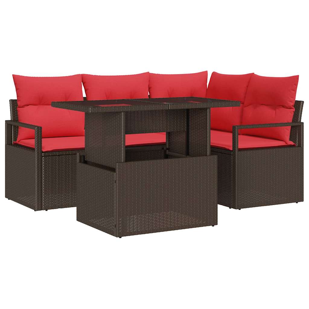 Havesofa Sæt med opbevaring 5 pcs Brun og Rød polyrattan