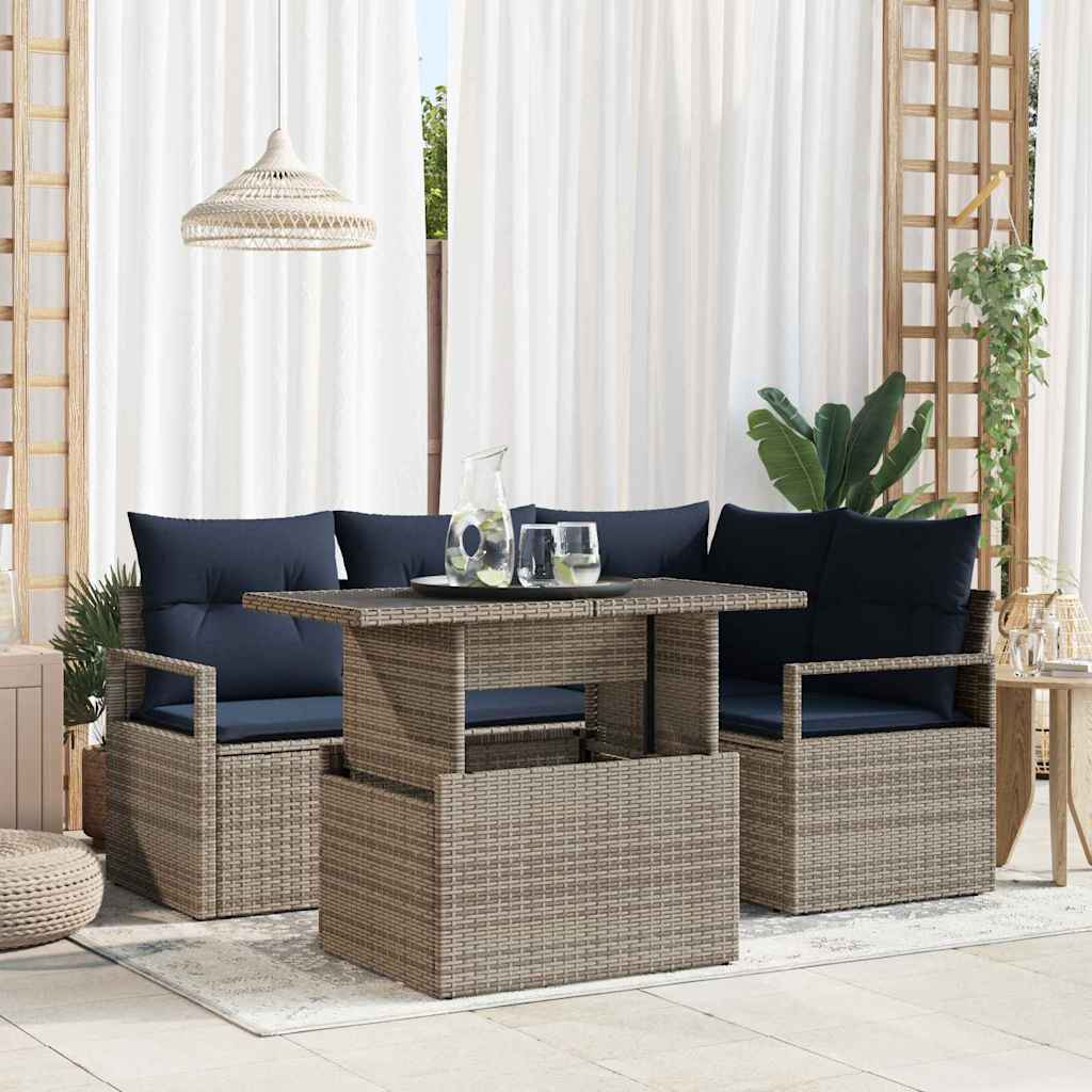Havesofa Sæt med pude 5 pcs Grå og Marineblå polyrattan