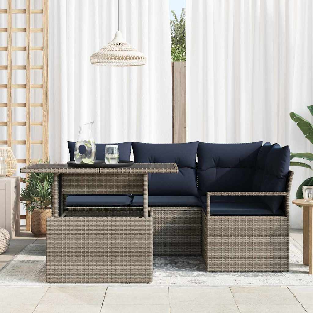 Havesofa Sæt med pude 5 pcs Grå og Marineblå polyrattan