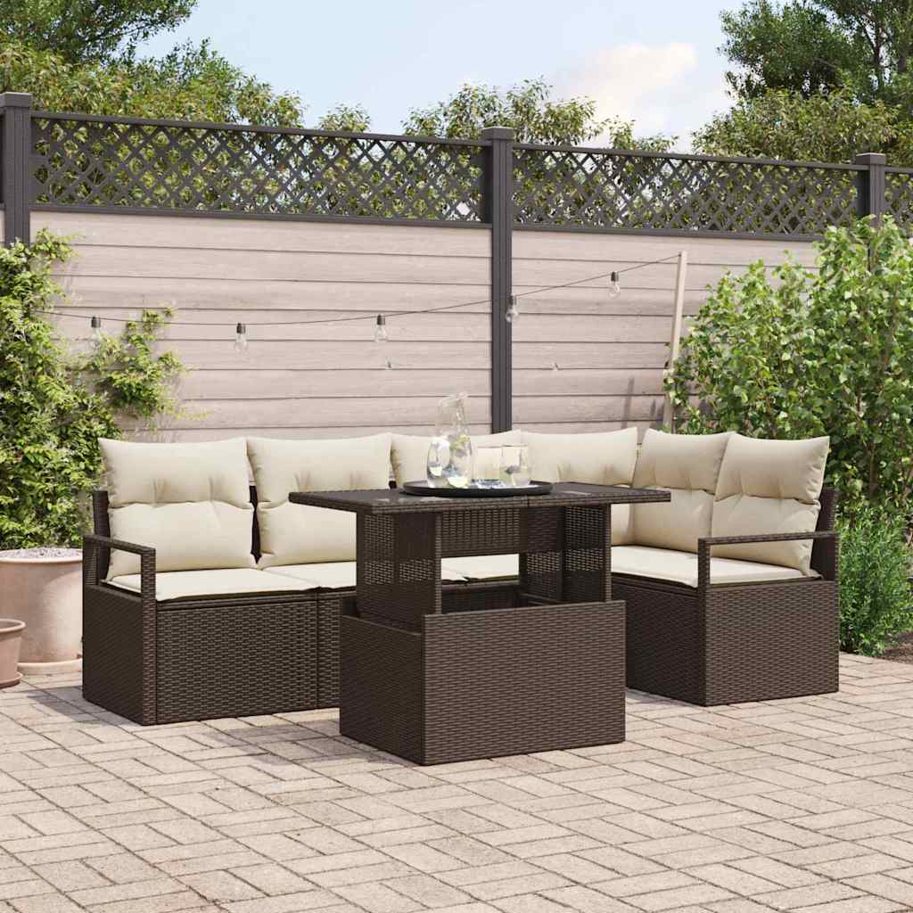 Havesofa Sæt med pude 6 pcs Brun og cremefarvet polyrattan