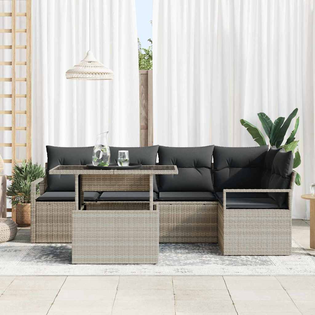 Havesofa Sæt med pude 6 pcs Lysegrå polyrattan