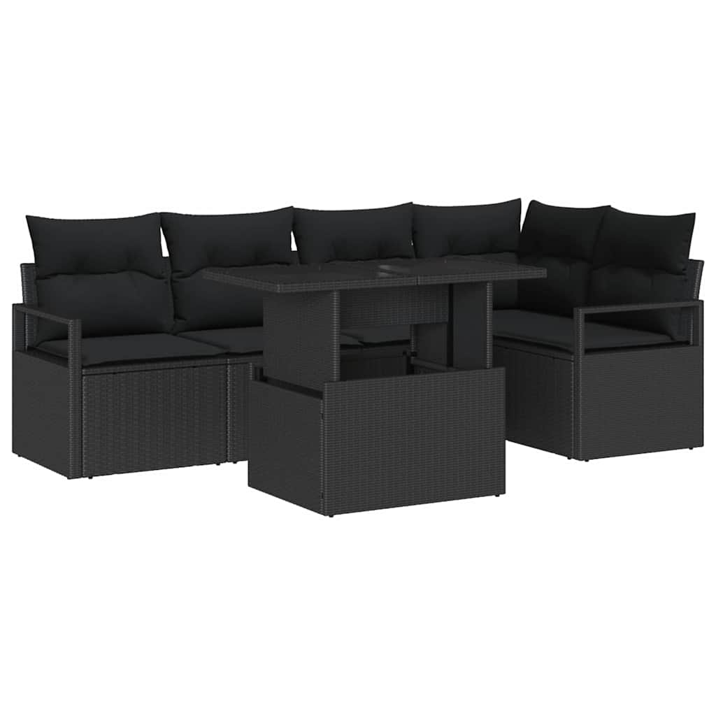 Havesofa Sæt med pude 6 pcs Sort polyrattan