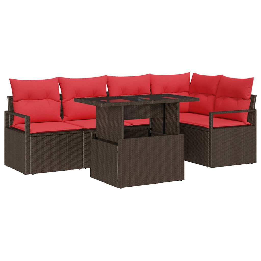 Havesofa Sæt med pude 6 pcs Brun og Rød polyrattan
