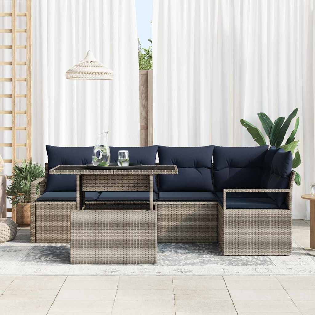Havesofa Sæt med opbevaring 6 pcs Grå og Marineblå polyrattan