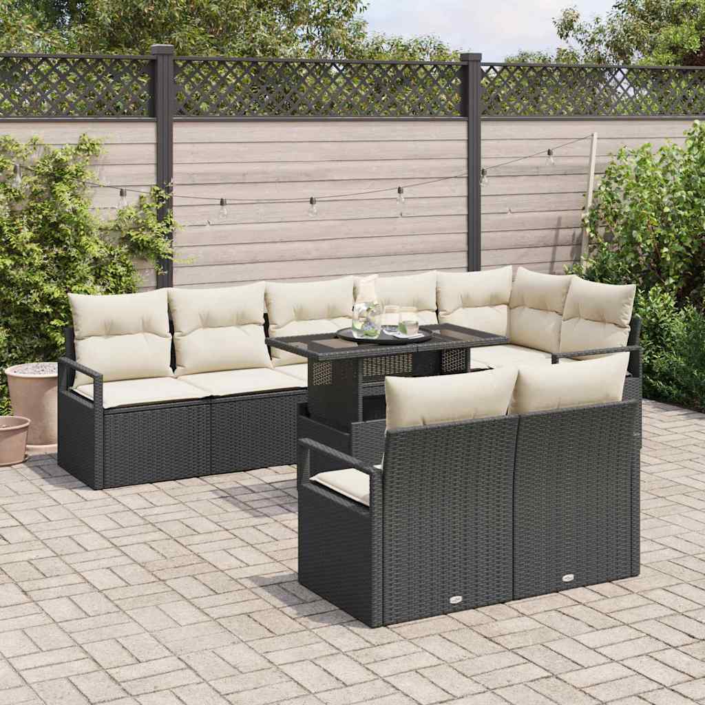 Havesofa Sæt med pude 9 pcs Sort og Cream polyrattan